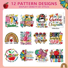 Falueqg Teachers Iron on Transfers for Tshirts - 12Pcs Dtf Transfers Ready to Press, Teacher's Day Iron on Decals Patches Stickers, Vintage Leopard Heat Transfer for DIY Teachers Appreciation Gifts