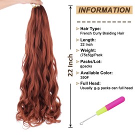 9 Packs French Curly Braiding Hair 75g/Pack Pre Stretched Bouncy Loose Wavy Braiding Hair 22 Inch Copper Red French Curls Braiding Hair Synthetic Crochet Braids Hair For Box Braids Hair Extension For Women（22 Inch，350#）