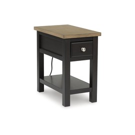 Signature Design by Ashley Drazmine Casual 1 Drawer Chair Side End Table with USB Charging Ports, 1 Lower Shelf and Power Cord, Light Brown & Black