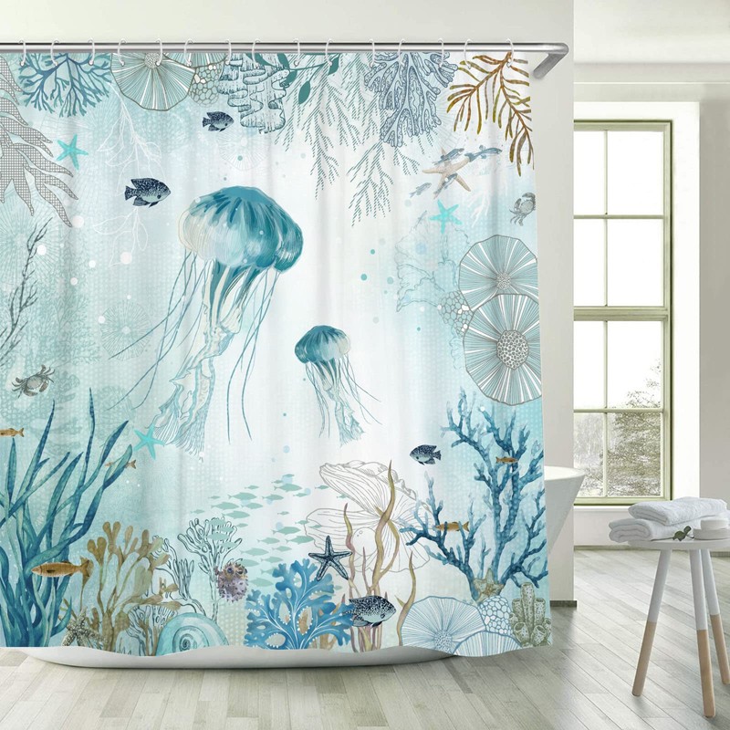 Neasow Nautical Shower Curtain, Teal Jellyfish Beach Shell Sea Life