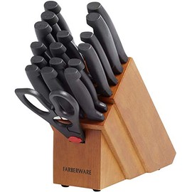Farberware Never Needs Sharpening High-Carbon Stainless Steel Knife Block Set with Non-Slip Handles, 18 Piece, Black