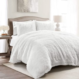 Lush Decor Emma Soft Fluffy Faux Fur Oversized Duvet Cover Set, King, White - Warm Plush 3 Piece Bedding Set