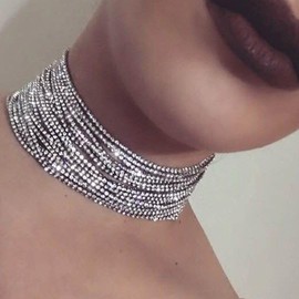 Nicute Layered Rhinestone Choker Sparkly Crystal Necklace Diamond Statement Necklace Jewelry for Women (Silver)