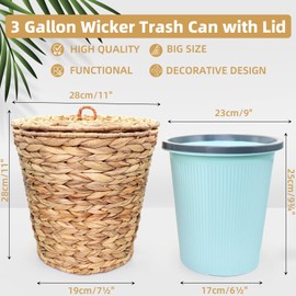 Oranwell 3 Gallons Wicker Waste Basket Can with Lid & Liner, Handwoven Wastebasket Wastepaper Basket with 60Pcs Bag, Wicker Trash Garbage Rubbish Can Bin Basket for Bedroom Bathroom Office Kitchen