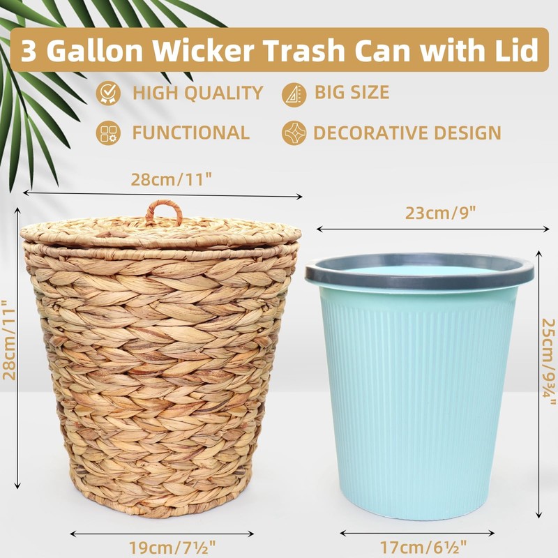 Oranwell 3 Gallons Wicker Waste Basket Can with Lid &