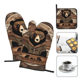 WHJYMX Kitchen Baking Three Piece Set - Oven Mitts and Pot Holders Sets for Microwave and Outdoor Grilling Rustic Lodge Bear Printing