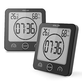 BALDR LCD Waterproof Timer Shower Clock Bathroom Clock Wall Mounted, Displays Time, Temperature, and Indoor Relative Humidity (Black/Black)
