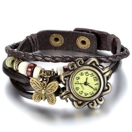 JewelryWe New Butterfly Pendant Quartz Vintage Weave Wrap Coffee Leather Strap Bracelet Watch Lady Women's Wristwatch