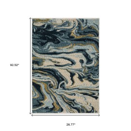 Homeroots 8' Navy Blue And Teal Abstract Runner Rug With Fringe
