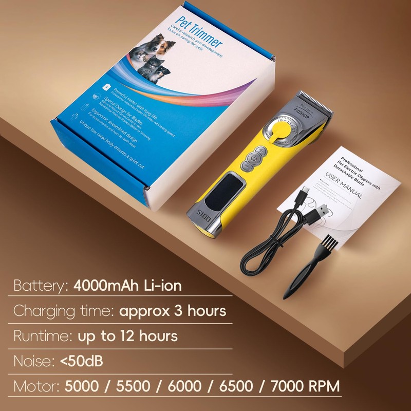 FOGOSP Cordless Dog Grooming Clippers 12H Runtime Replaceable Blade 3-Speed