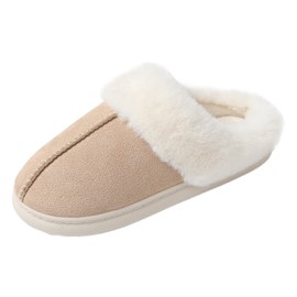 JOMIX Women's Winter Slippers, Soft Flat Plush Fluffy Slippers with Lined, Warm Faux Fur Slippers, Guest Non-Slip Slippers, Beige 01