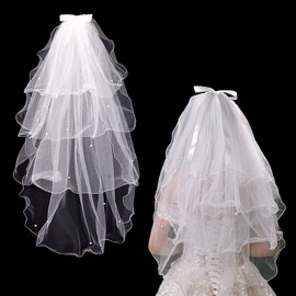 ZHEJIA Wedding Veil, Bridal Veil, Bride's Veil, Short 4-Tier Veil, Wavy Edge Processing and Pearl Hand Embroidery, Bowknot Included, Cute, Bridal, Wedding, Photography, Concert, Gift Decoration,
