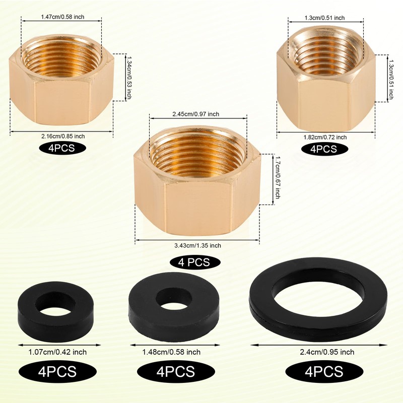 12pcs Brass Pipe Cap with 12 Rubber Gasket, Hex Compression