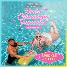 Champagne Fab 7ft Bachelorette Pool Floats with Gold Glitter & 2 Cup Holders, Plus Size Pool Float, Inflatable Lounger for Pride Pool Party, Cute Pool Floats Adult, Bachelorette Decorations