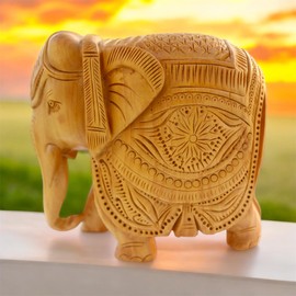 KANASU VALUE STORE Handcrafted Wooden Elephant Statue – Intricately Carved Kadam Wood Figurine – Lucky Vastu Elephant Sculpture – Home & Office Décor Showpiece – Art & Collectible Gift (5 Inches)