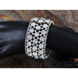 Alilang Silvery Tone Shiny Clear Crystal Rhinestones Flower Stretch Bridal Cuff Bangle Bracelet