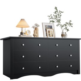 YESHOMY Modern Double Dresser with 6 Drawers, Wide Storage Organizer Chest and TV Stand for Bedroom, Living Room, Hallway, Dormitory, Dark Black