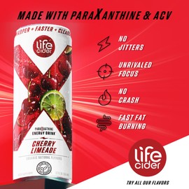 Life Cider X Paraxanthine Energy Drink | 12 fl oz Cans | Made with Paraxanthine & Organic Apple Cider Vinegar | No Crash, No Jitters | Organic Natural Flavors (12 pack, Cherry Limeade)