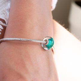 Materia Murano Glass Beads Pendant Air Bubbles 925 Silver Green for Beads Bracelet #336, Murano glass, 925 sterling silver