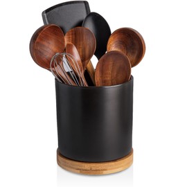 KITCHENLESTAR 360° Rotating Utensil Holder, 6" Large Utensil Crock, White Ceramic Cooking Utensil Organizer with Countertop-Protection Cork Bottom for Farmhouse Kitchen Decor Gift (Black)