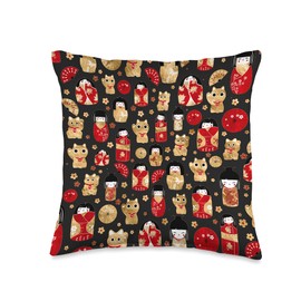 Creativemotions Japanese Dolls-Kokeshi and Maneki Neko Cats Throw Pillow, 16x16, Multicolor