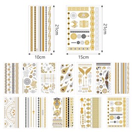 Pack of 12 Festival Gold Temporary Tattoos, Stick-On Tattoos, Gold Tattoos, Waterproof Metallic Temporary Tattoos, Suitable for Body Art, Festive Tattoos on Arms, Chest, Hind Legs