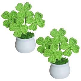 Magicherry Handmade Crochet Four Leaf Clover Potted Plants 2 Pieces Knitted Lucky Clover Artificial Plant for St. Patricks Day Car Dashboard Decor Office Desk Decorations,Green