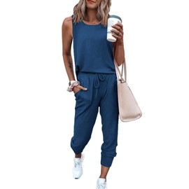 PRETTYGARDEN Women's Two Piece Outfit Sleeveless Crewneck Tops with Sweatpants Active Tracksuit Lounge Wear (Dark Blue,Small)