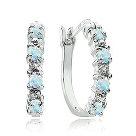 925 Sterling Silver Synthetic White Opal Small Round Hoop Earrings for Women