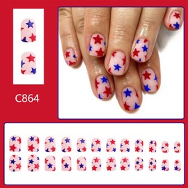 4th of July Press on Nails Short Square Fake Nail with Red Blue Star Designs Independence Day Matte False Nails Full Cover Stick on Nails Acrylic Reusable Patriotic Artificial Nail for Women 24 Pcs