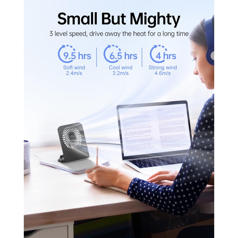 TriPole Desk Fan Small Portable Fan 2000 mAh Rechargeable Battery