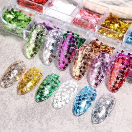 Stars Nail Art Glitter Sequins, 3D Sparkly Five-Pointed Star Nail Flakse Designs, 12 Colors Star Nail Art Sequins Supplies for Women Girls Manicure Shiny Decorations, DIY Resin Nail Art Tips