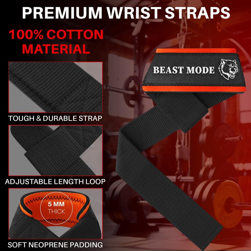 TECEUM Lifting Wrist Straps with Neoprene Padding Support – Black