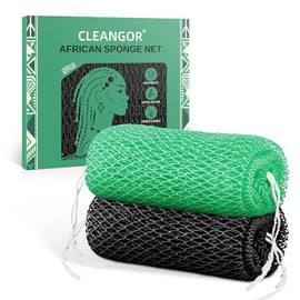 Cleangor Pack of 2 African Net Sponge, Black & Sea Blue, 106 cm Long | African Net Sponge, Gentle Exfoliating Sponge for All Skin Types, Back Scrubber for Shower and SPA