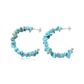 BETHZA Real Turquoise Hoop Earrings 925 Sterling Silver Raw Turquoise Gemstone Boho Earring Jewelry Gift for Women