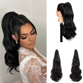 Highlight Ponytail Extension Claw Bun Hair Piece Elastic Drawstring Synthetic Ponytail Extension Hair Bun Extension for Women (Natural Black, 45cm Wavy)
