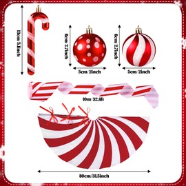 Shappy Red White Christmas Tree Ornaments Sets Red and White Christmas Tree Skirt Decorations Dots Stripes Ball Striped Fabric Plastic Canes for Xmas Holiday Party Supplies(31.5'')