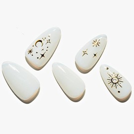 GLAMERMAID White Press on Nails Medium Almond, 3D Gothic Handmade Jelly Gel Fake Nails Short Stiletto, Short Oval Stick Glue on Nails, Reusable Acrylic False Nail Tips with Goth Star Design for Women