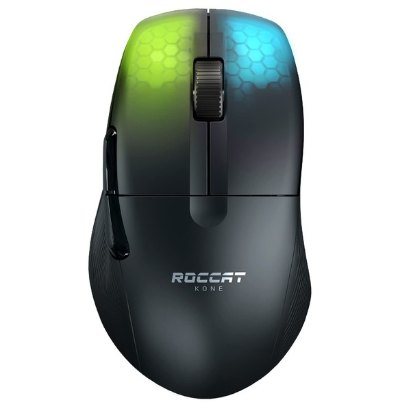 ROCCAT Kone Pro Air Gaming Mouse, Wireless, 2.4 GHz, Bluetooth, Black, Optical, 19K, Optical Switch, Side Buttons, Lightweight 2.6 oz (75 g), PTFE, Reflex, RGB, German Design