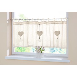 Dekoleidenschaft Window Curtain Heart Hanger 45 x 140 cm, Cream, with Crochet Border, Window Curtain with Hearts, Bistro Curtain, Kitchen Curtain, Short Curtain, Half Curtain