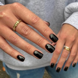 SXVME 48 Pcs Black False Nails Short Square, Acrylic Press on Nails Short, Solid Color Glossy Gel Full Cover Fake Nails for Women Finger Decoration