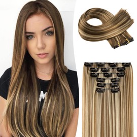 Clip in hair extensions，LONAI 6PCS Straight 24" Hair Extensions for Women，Heat Resistant Synthetic Hairpiece-Brown with Light Blonde