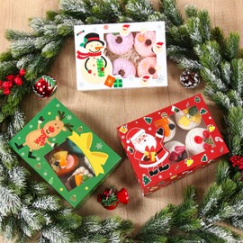 Patimate 24pcs Christmas Cookie Boxes for Gift Giving, 3 Style Red Green White Bakery Boxes with Window, Xmas Holiday Treat Containers With Lids for Cookie Cupcakes Donuts Candy