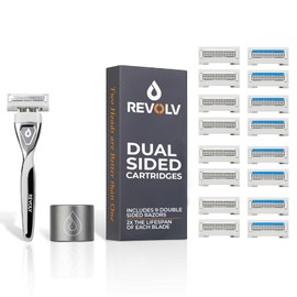 REVOLV - Men’s Razor Shaving Kit - 1 Premium Weighted Handle + 9 Dual-Sided Cartridges + 1 Stand - For a Closer, Smoother Shave - Safe on Sensitive Skin - 8 Razor Blade Refills - Grey