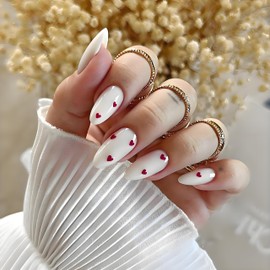 24pcs Press On Nails Almond Shape French Tip White Red Heart False Nails Medium Length Instant Manicure Fake Nail Tips for Women Girls