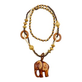 YINETTECH Vintage Ethnic Wooden Elephant Pendant Wooden Beads Necklace Long Sweater Chain Women Vintage Necklace Jewellery Gift for Birthday Mother's Day Valentine's Day, Wood