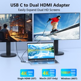 HDMI Splitter for Dual Monitors, Dual HDMI Adapter for 2 monitors with 2 HDMI 4K/USB3.0/PD, HDMI Splitter Extended Display, Dual HDMI Adapter, Laptop Docking Station Dual Monito for Dell/HP/Lenovo/Mac