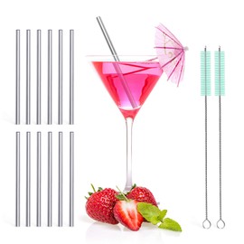 Teivio 12 Pack + Cleaning Brush, 5-inch Extra Short Reusable Stainless Steel Drink Straws for Cocktails, Small Glasses or Cups (Silver)