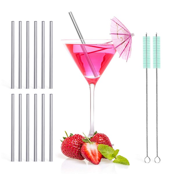 Teivio 12 Pack + Cleaning Brush, 5-inch Extra Short Reusable Stainless Steel Drink Straws for Cocktails, Small Glasses or Cups (Silver)