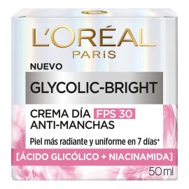 L'Oréal Paris Glycolic Bright Crema Hidratante de Día Anti Manchas con Protección Solar FPS30, con Ácido Glicólico y Niacinamida, Reduce y Previene To